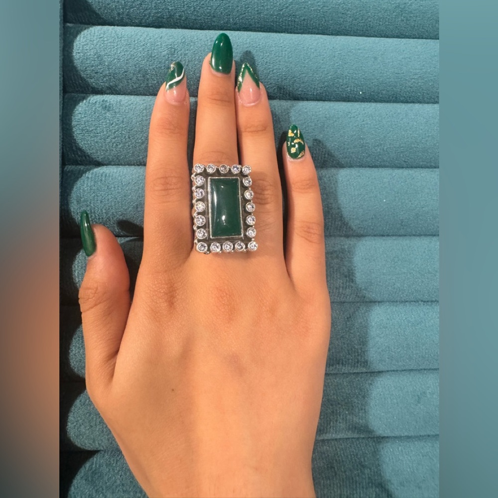 COPY - 925 Sterling Silver Ring with Green Onyx and CZ.  Adjustable Size